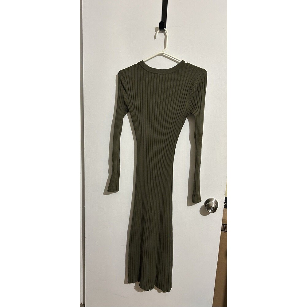Quince Classy Olive Ribbed Knit Crew Neck Long Sleeve Midi Dress Size S - Picture 7 of 7